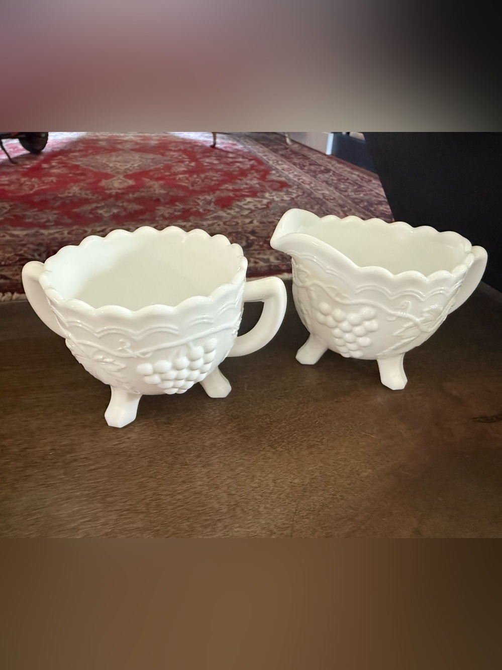 Vintage Cream Sugar Bowl Set Imperial Satin Doeskin Grape Leaf Milk Glass